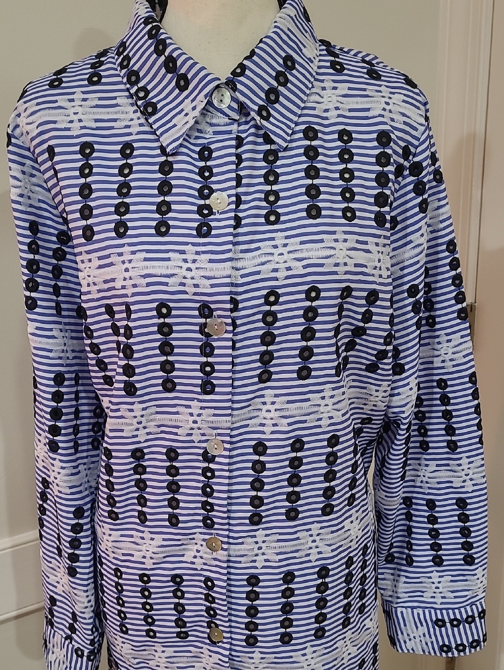 Weavz Blue & White Patterned Button-Down Shirt with Breathable Holes- Size L